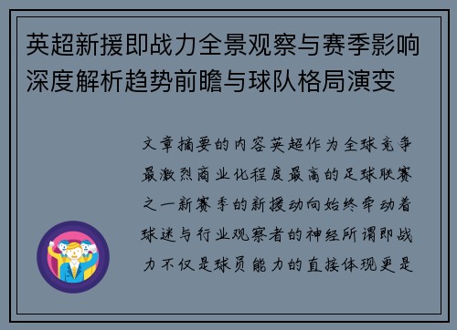 英超新援即战力全景观察与赛季影响深度解析趋势前瞻与球队格局演变