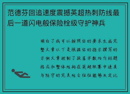 范德芬回追速度震撼英超热刺防线最后一道闪电般保险栓级守护神兵